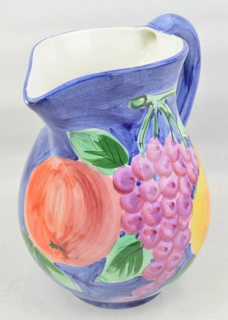 Vintage Ancora Ceramic Pitcher Italy 8" Hand-Painted Colorful Fruit Motif Grapes